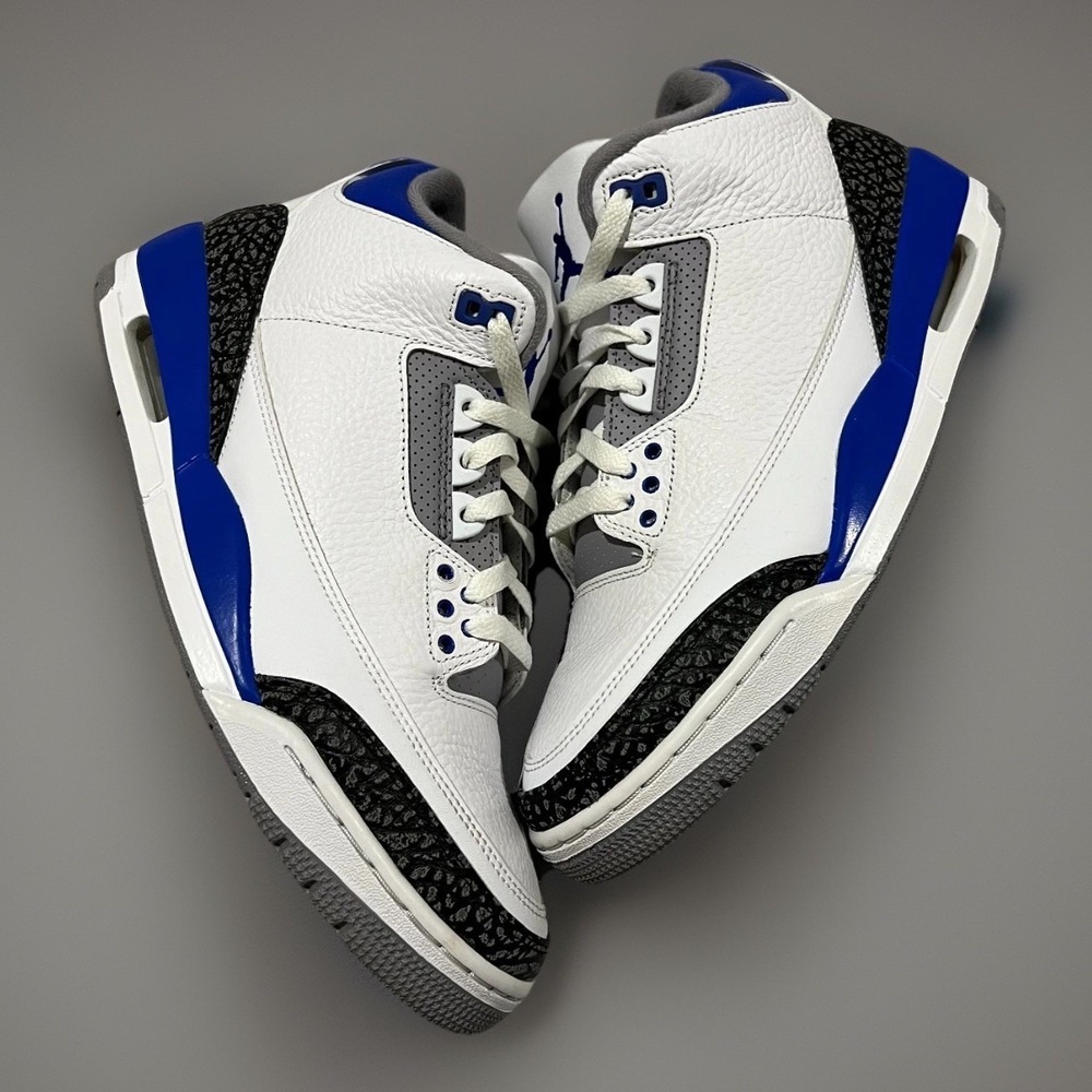 Mens White Racer Blue Nike Air Jordan 3 Retro CT8532-145 Lace Up Sneakers 10.5